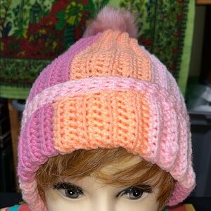 Pink and Orange handmade crocheted Beanie with mauve pompom